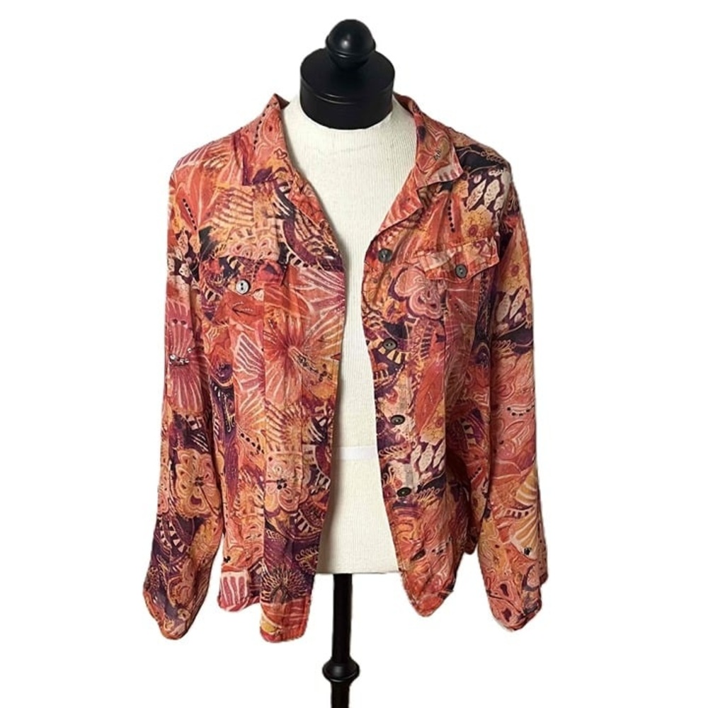 Chicos‎ Multicolor Floral Collared Button Down Silk Top Size Large - Picture 9 of 15